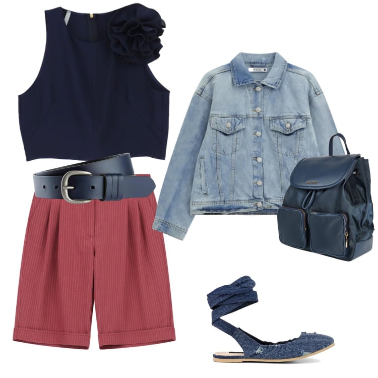 Outfit donna - Gita fuori porta. Stile Casual per Tutti i giorni. Abbinamento con zaini, cinture, top, blazer, bermuda, ballerine.