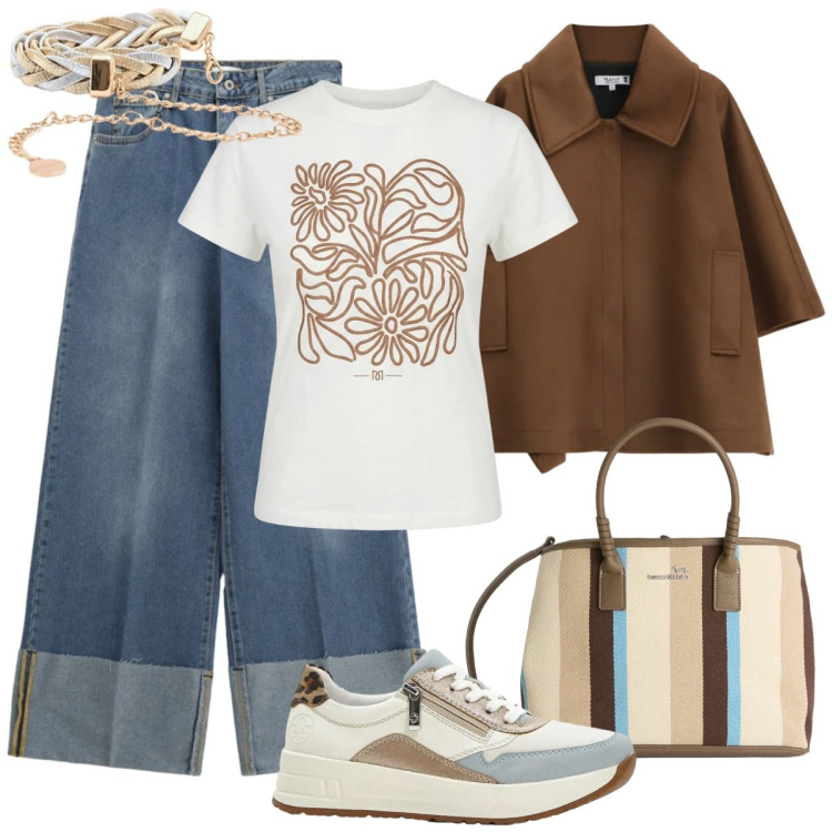 Outfit donna - Vibra con stile fuori dagli schemi. Stile Casual per Scuola/Università. Abbinamento con sneakers, shopping bag, jeans, cappotti, cinture, t-shirt.