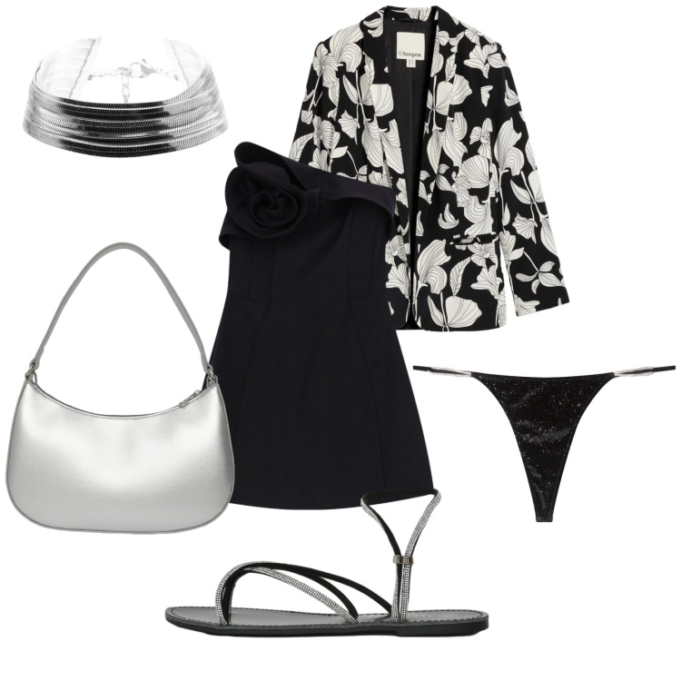 Outfit donna - Argento e ghiaccio. Stile Romantica per Cerimonia. Abbinamento con blazer, perizomi, sandali, borse a tracolla, vestiti asimmetrici, braccialetti.