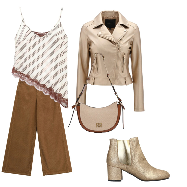 Outfit donna - Marrone e oro per un look alla moda. Stile Chic per Ufficio. Abbinamento con stivaletti chelsea, pantaloni a palazzo, top, borse a tracolla, giacche.