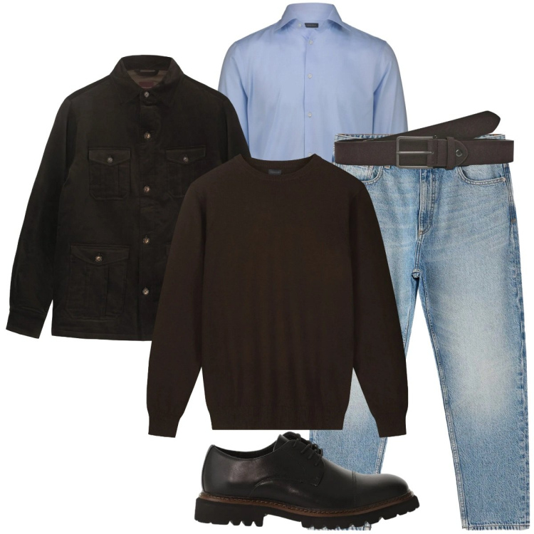 Outfit uomo - Total look #2362604. Stile Casual per Tutti i giorni. Abbinamento con jeans dritti, cinture, scarpe stringate, maglieria, cappotti, camicie.