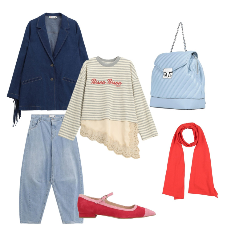 Outfit donna - Mostra al Louvre. Stile Casual per Tutti i giorni. Abbinamento con zaini, ballerine, sciarpe, t-shirt, jeans, blazer.