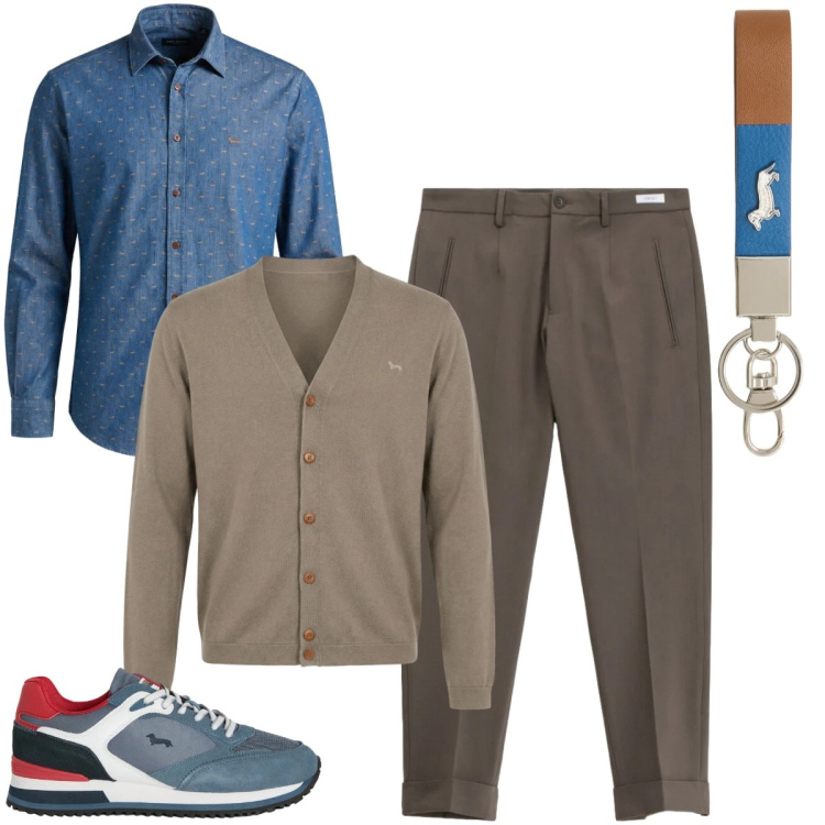 Outfit uomo - Semplicità e fascino. Stile Trendy per Tutti i giorni. Abbinamento con sneakers, portachiavi, camicie, cardigans, pantaloni.