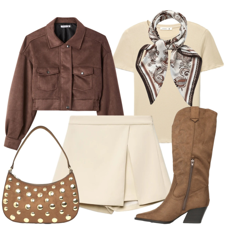 Outfit donna - Un tocco western. Stile Boho per Tutti i giorni. Abbinamento con stivali, foulard, borse a tracolla, gonne, bomber, t-shirt.