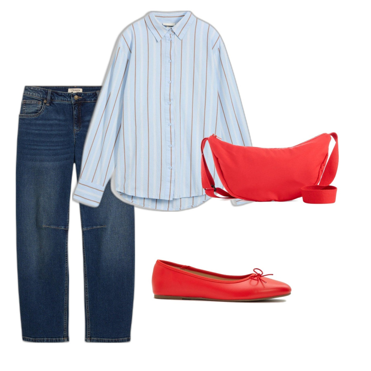 Outfit femme - Le jean barel. Style Tendance pour Bureau. Assortir avec ballerines, chemisiers, jeans, sacs en bandoulière.