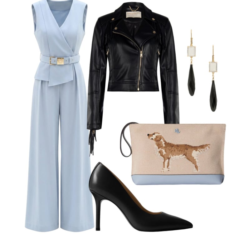 Outfit donna - Eleganza celeste. Stile Chic per Serata fuori. Abbinamento con tute, giacche, décolleté, orecchini, pochette.