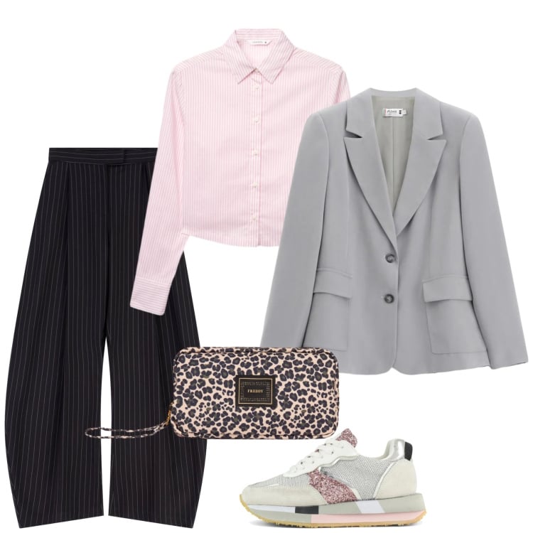 Outfit donna - Primavera. Stile Trendy per Tutti i giorni. Abbinamento con camicie, pantaloni a palazzo, valigie, blazer, sneakers.