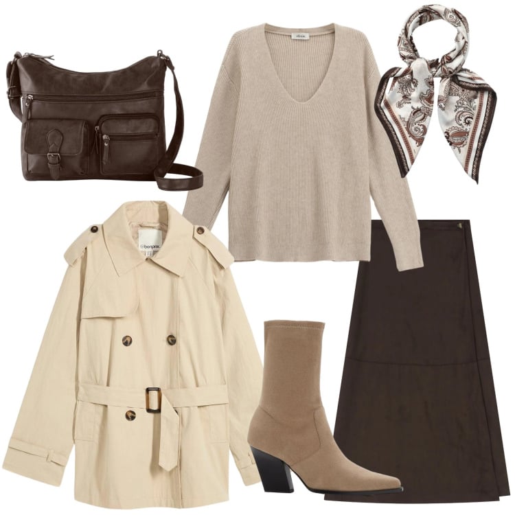 Outfit donna - Total look da ufficio. Stile Urban per Tutti i giorni. Abbinamento con trench, borse a tracolla, stivaletti, foulard, gonne lunghe, maglieria.