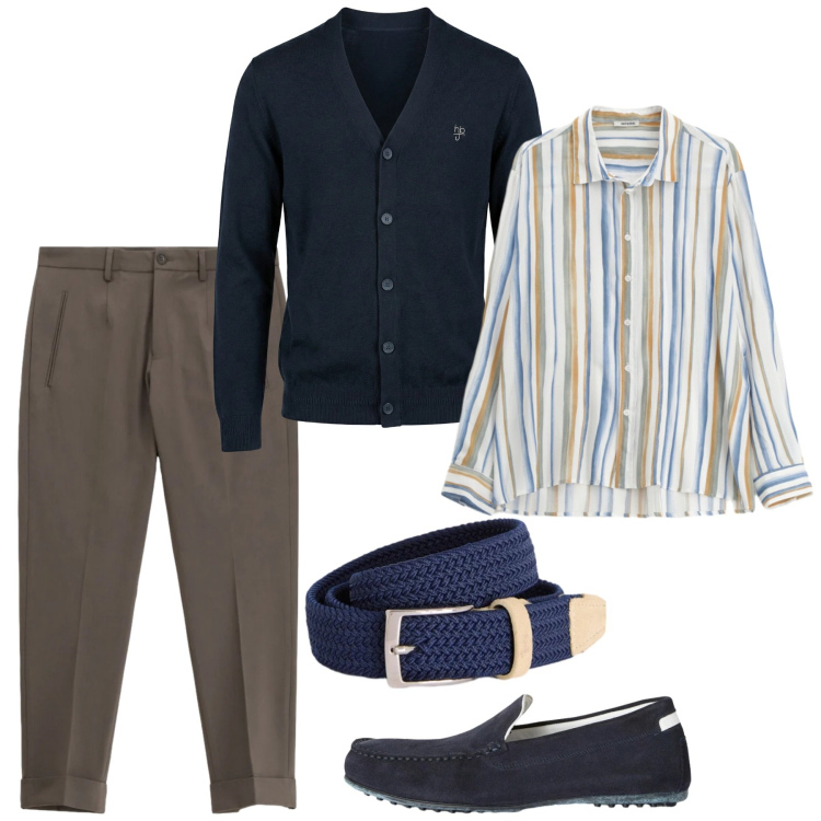 Outfit uomo - Camicia a maniche arrotolate. Stile Casual per Tutti i giorni. Abbinamento con scarpe stringate, cinture, cardigans, camicie, pantaloni.