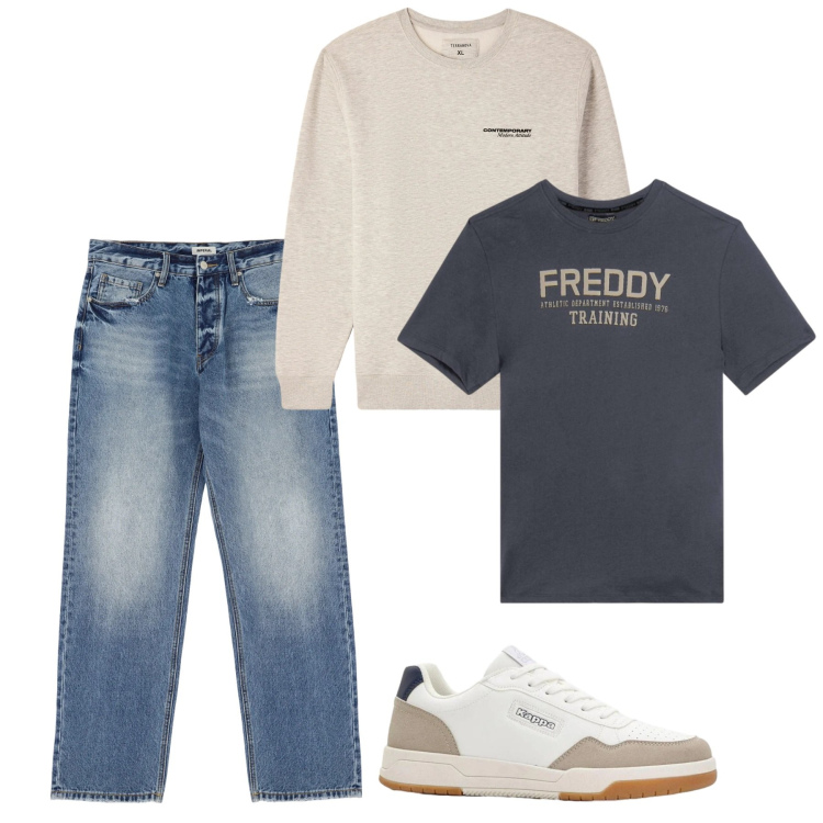 Outfit uomo - Primavera. Stile Casual per Tutti i giorni. Abbinamento con sneakers, felpe, jeans, t-shirt.