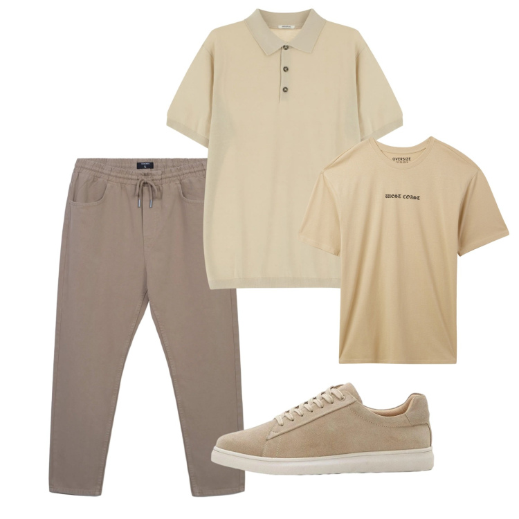 Outfit uomo - Toni sabbia e beige. Stile Casual per Tutti i giorni. Abbinamento con sneakers, t-shirt, pantaloni, polo.