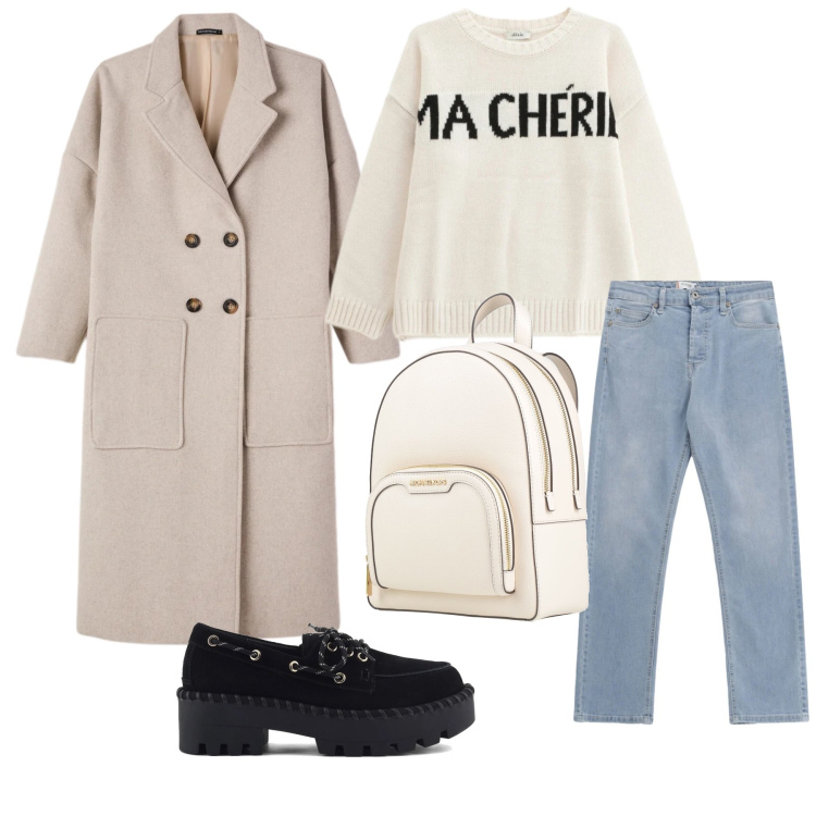 Outfit donna - Total look #2362630. Stile Casual chic per Tutti i giorni. Abbinamento con zaini, cappotti, maglieria, jeans, mocassini.