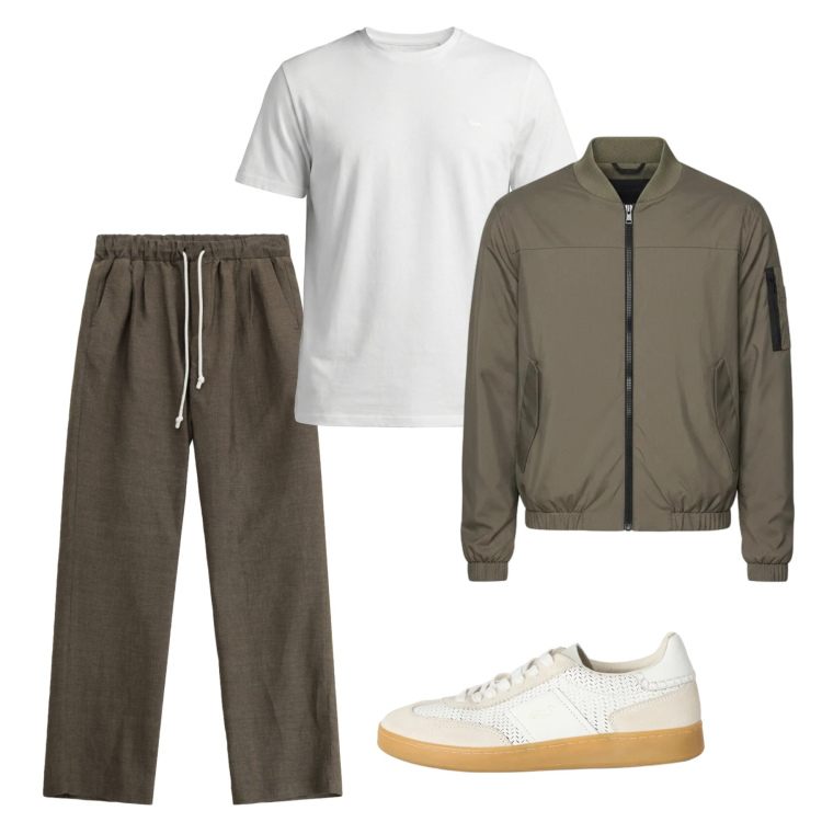 Outfit uomo - Weekend fuori porta. Stile Casual per Tutti i giorni. Abbinamento con t-shirt, sneakers, pantaloni, bomber.