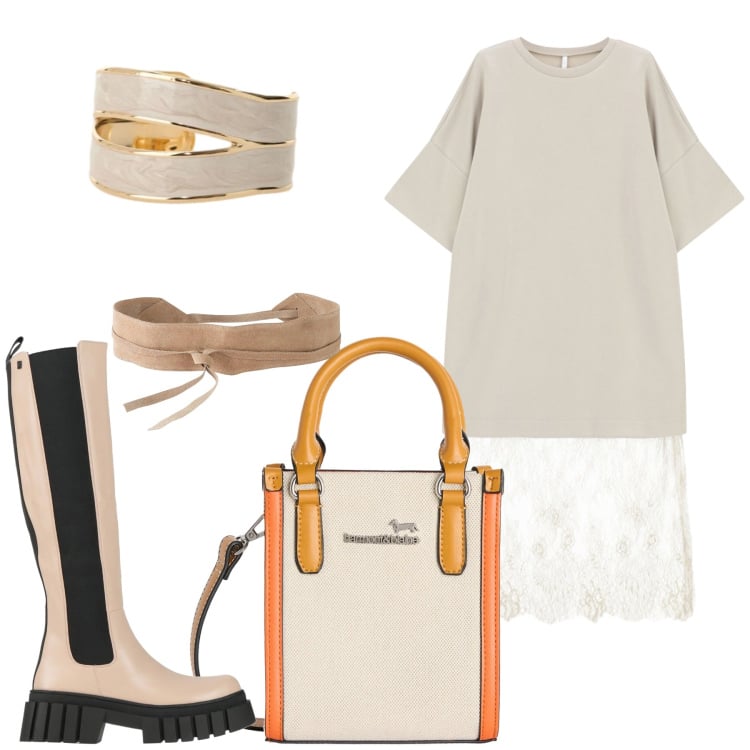 Outfit donna - Total look #2362637. Stile Casual chic per Scuola/Università. Abbinamento con stivali, cinture, borse tote, vestiti midi/longuette, anelli.
