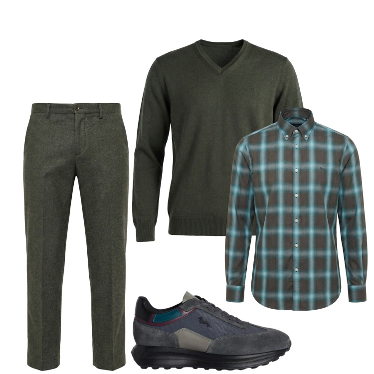 Outfit uomo - Total look #2362639. Stile Trendy per Ufficio. Abbinamento con sneakers, pantaloni chino, pullovers, camicie.