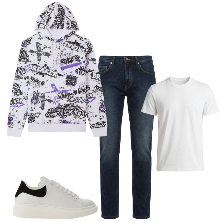 Outfit uomo - Total look #2362641. Stile Urban per Tutti i giorni. Abbinamento con jeans, t-shirt, felpe con cappuccio, sneakers.