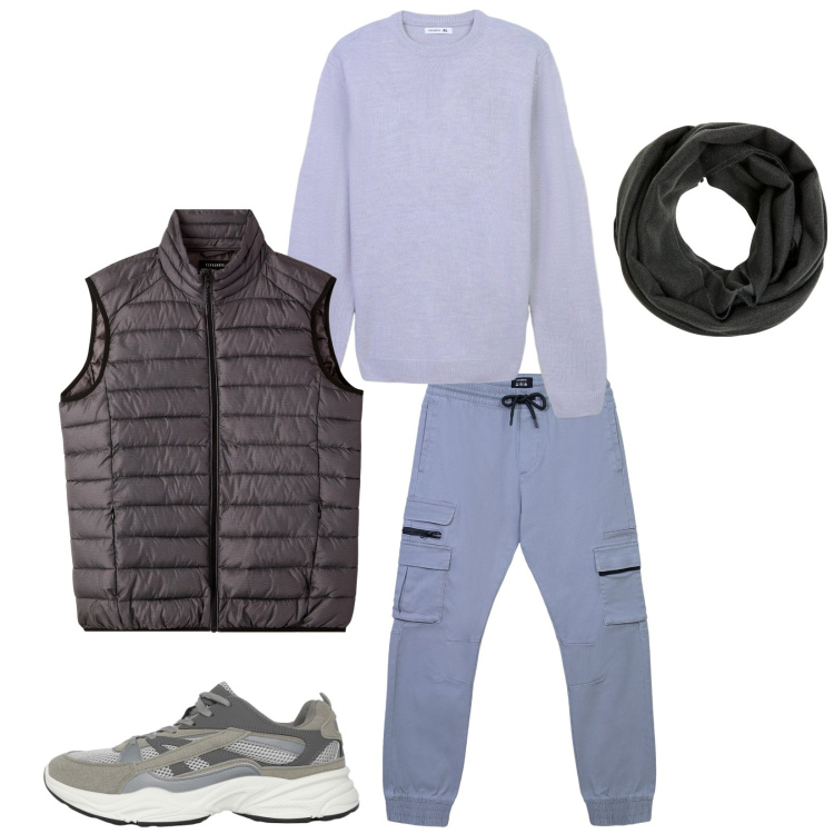 Outfit uomo - Total look #2362645. Stile Urban per Tutti i giorni. Abbinamento con sciarpe, sneakers, pantaloni cargo, maglieria, piumini.