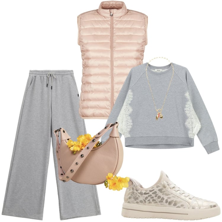 Outfit donna - Passeggiata mattutina col cane. Stile Basic per Sport. Abbinamento con sneakers, pantaloni, piumini, felpe, borse a spalla, ciondoli.