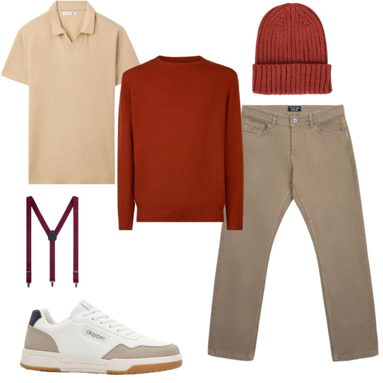 Outfit uomo - Lauro: low cost per scelta. Stile Urban per Tutti i giorni. Abbinamento con sneakers, polo, jeans, berretti, maglieria, bretelle.