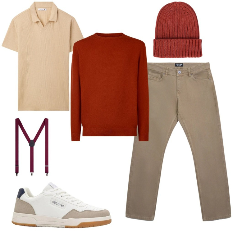 Outfit uomo - Lauro: low costo per scelta. Stile Urban per Tutti i giorni. Abbinamento con sneakers, polo, jeans, berretti, maglieria, bretelle.
