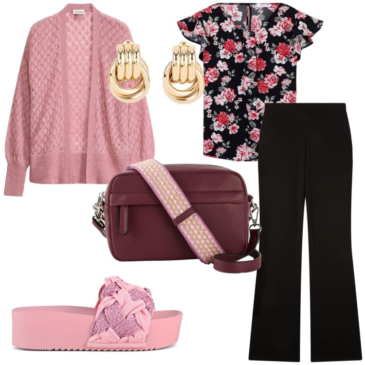 Outfit donna - Fiori di primavera. Stile Casual per Tutti i giorni. Abbinamento con cardigans, borse a tracolla, orecchini, pantaloni, bluse, ciabatte.