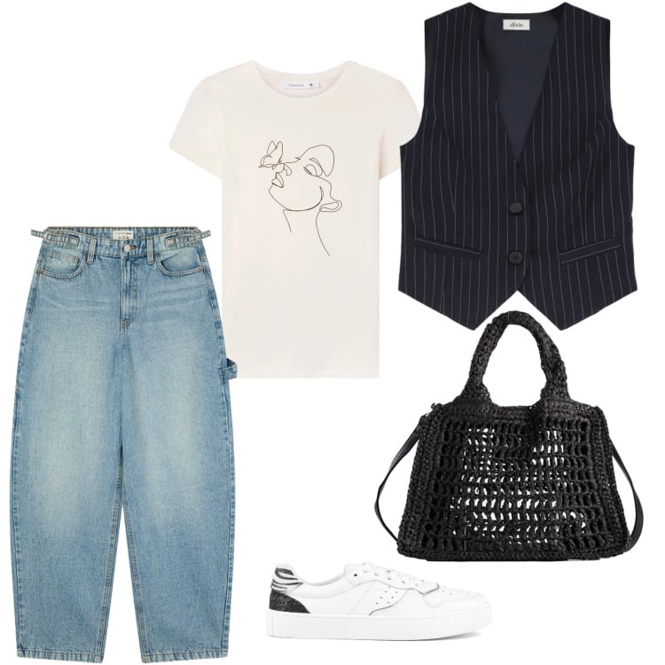 Outfit donna - Domenica pomeriggio. Stile Casual per Tutti i giorni. Abbinamento con borse a tracolla, t-shirt, jeans, gilet, sneakers.