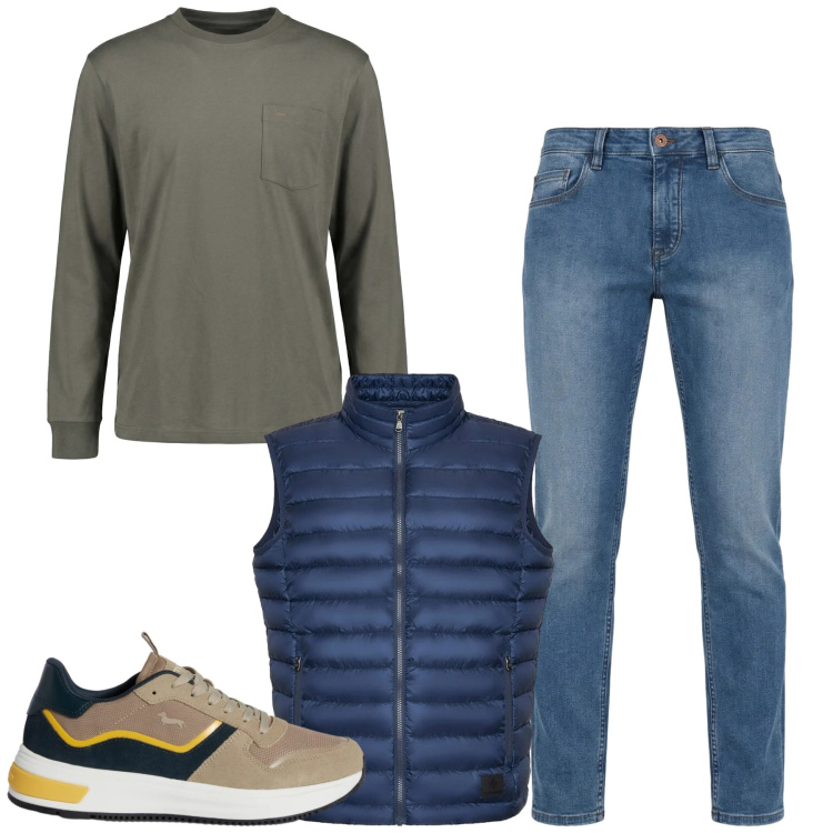 Outfit uomo - City. Stile Casual per Tutti i giorni. Abbinamento con t-shirt, sneakers, jeans, piumini.