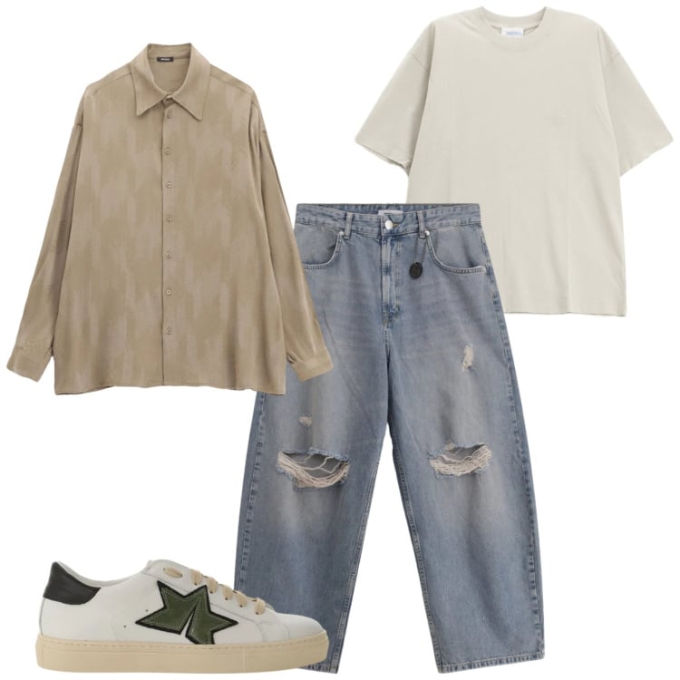 Outfit uomo - Total look #2362836. Stile Casual per Tutti i giorni. Abbinamento con camicie, jeans strappati, sneakers, t-shirt.