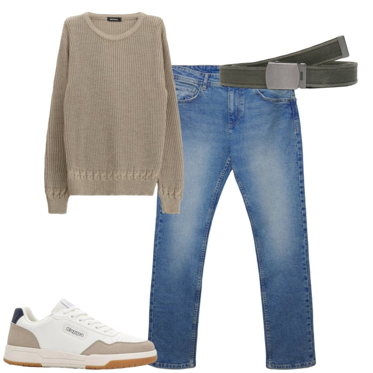 Outfit uomo - City. Stile Casual per Tutti i giorni. Abbinamento con sneakers, maglieria, cinture, jeans dritti.