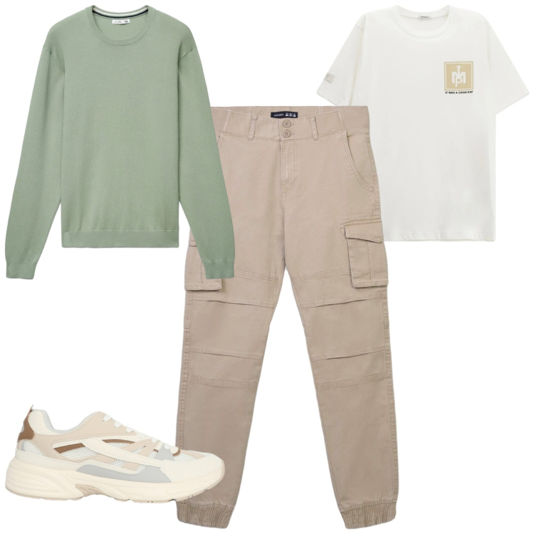 Outfit uomo - Marzo. Stile Casual per Tutti i giorni. Abbinamento con pantaloni cargo, sneakers, maglieria, t-shirt.