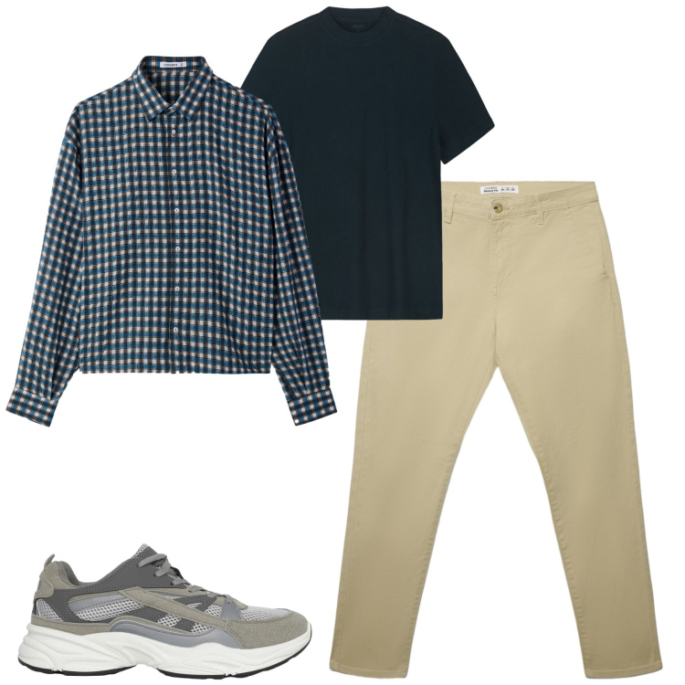 Outfit uomo - City. Stile Casual per Tutti i giorni. Abbinamento con sneakers, camicie, pantaloni chino, t-shirt.