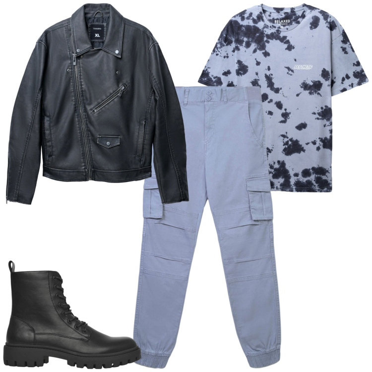 Outfit uomo - Marzo. Stile Casual per Tutti i giorni. Abbinamento con anfibi, giacche, t-shirt, pantaloni cargo.