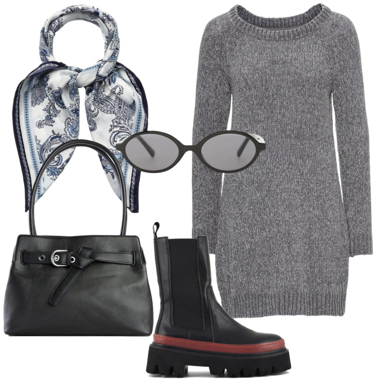 Outfit donna - Total look #2362851. Stile Glamour per Tutti i giorni. Abbinamento con vestiti, borse a mano, foulard, occhiali da sole, stivaletti chelsea.