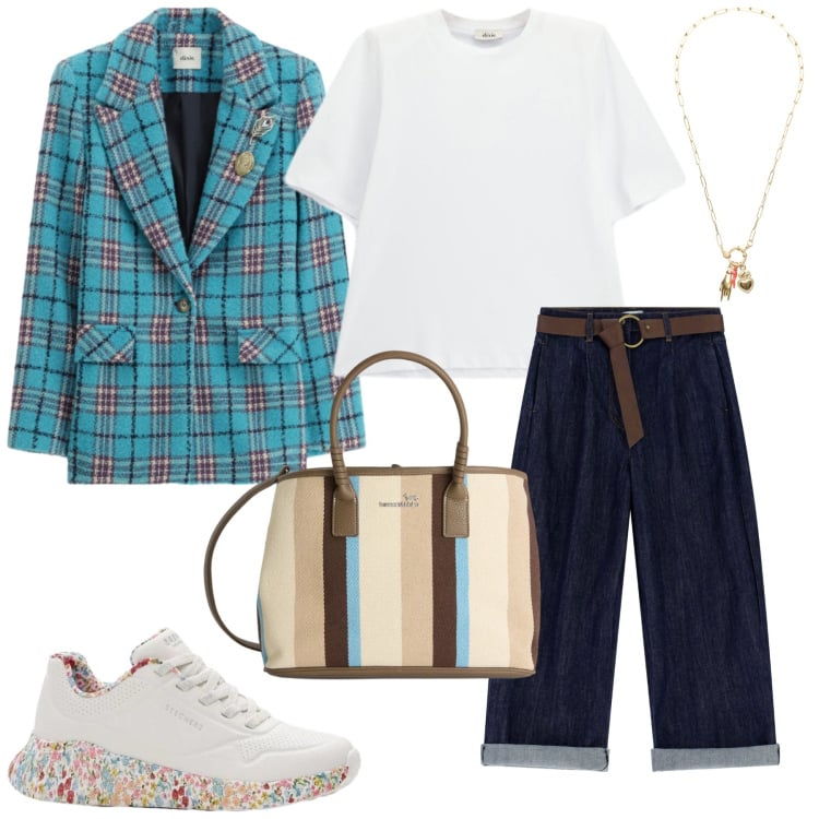 Outfit donna - Total look #2362859. Stile Glamour per Ufficio. Abbinamento con sneakers, shopping bag, ciondoli, jeans, t-shirt, blazer.