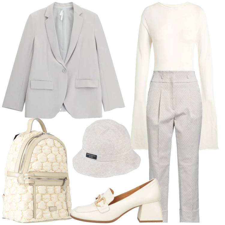 Outfit donna - Lunedì. Stile Bon Ton per Ufficio. Abbinamento con pantaloni, body, zaini, cappelli, mocassini, blazer.
