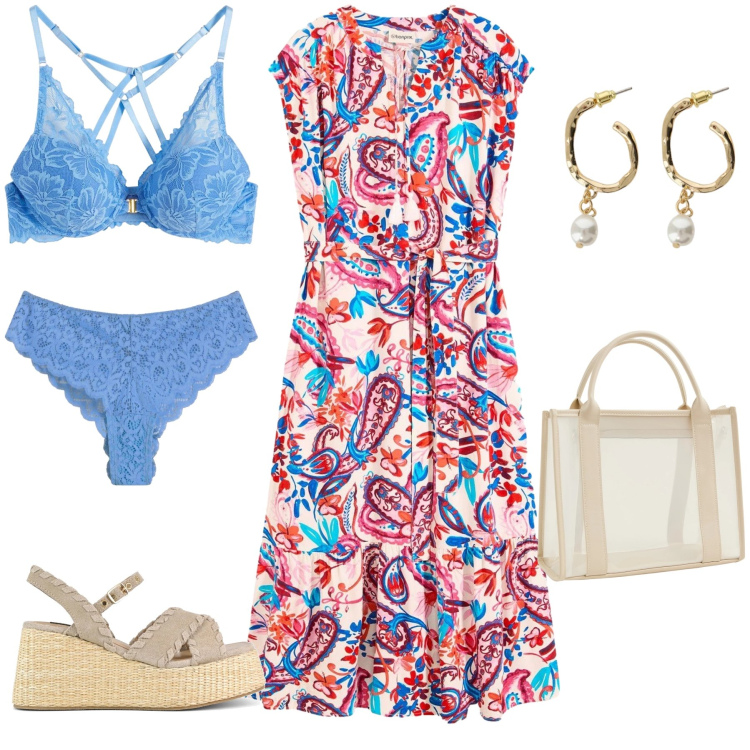 Outfit donna - Summer Vibes. Stile Romantica per Mare. Abbinamento con vestiti chemisier, culotte, reggiseni, borse tote, orecchini, zeppe.