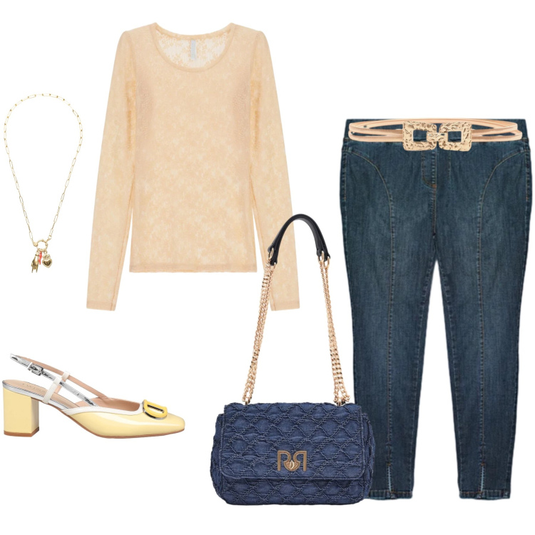 Outfit donna - Golden Denim. Stile Casual chic per Tutti i giorni. Abbinamento con décolleté, bluse, jeggings, ciondoli, cinture, borse a spalla.