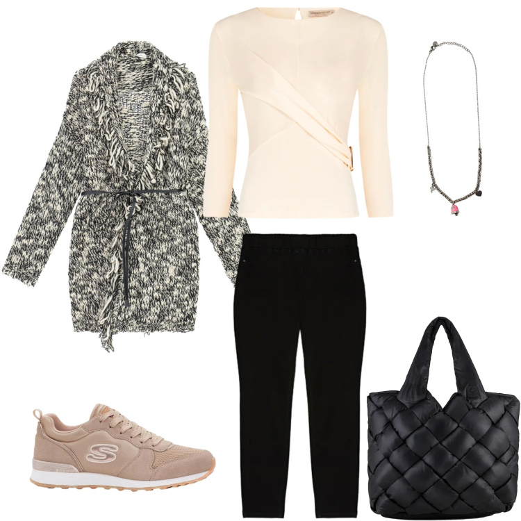 Outfit donna - Black & Cream. Stile Casual chic per Tutti i giorni. Abbinamento con sneakers, jeggings, cardigans, ciondoli, bluse, borse tote.