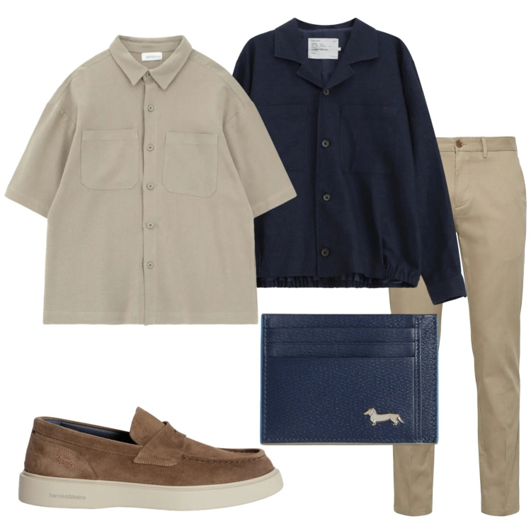 Outfit uomo - Total look #2362877. Stile Trendy per Tutti i giorni. Abbinamento con scarpe stringate, pantaloni chino, portafogli, cappotti, camicie a manica corta.