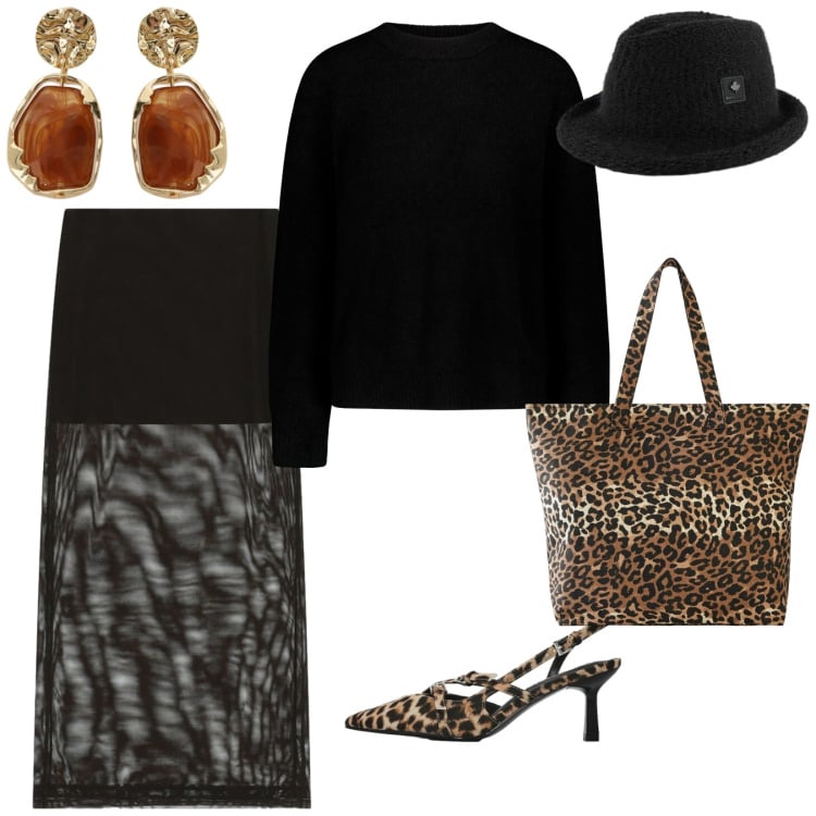 Outfit donna - La cena del martedì. per Serata fuori. Abbinamento con shopping bag, décolleté, gonne lunghe, orecchini, cappelli, maglieria.