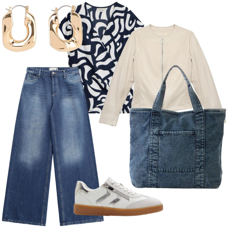 Outfit donna - Una chiacchierata tra amiche. per Tutti i giorni. Abbinamento con shopping bag, orecchini, sneakers, bluse, giacche, jeans.