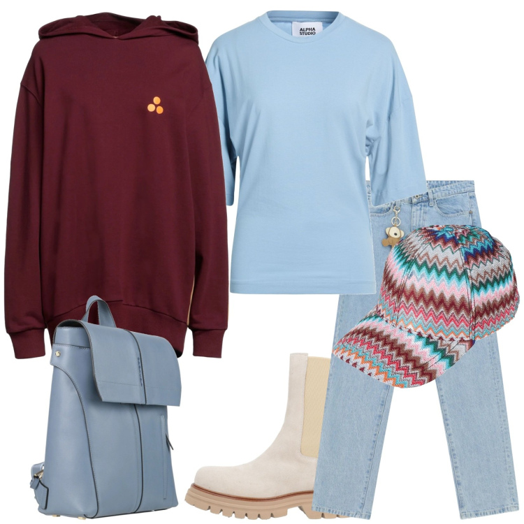 Outfit donna - Contrasti moderni. Stile Urban per Scuola/Università. Abbinamento con stivaletti, zaini, cappelli con visiera, t-shirt, felpe con cappuccio, jeans dritti.