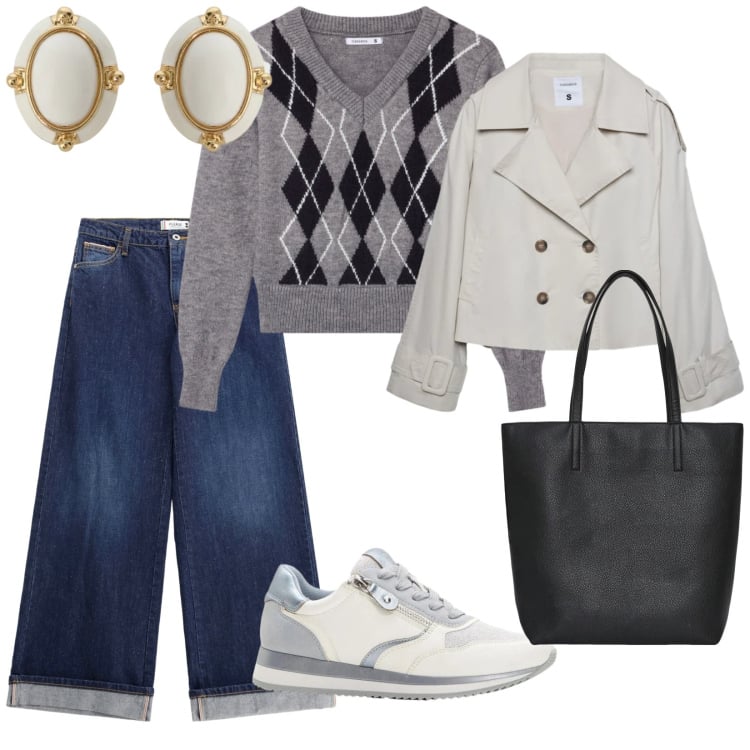 Outfit donna - Oggi poco sole. per Scuola/Università. Abbinamento con sneakers, caban, borse tote, pullovers, orecchini, jeans.