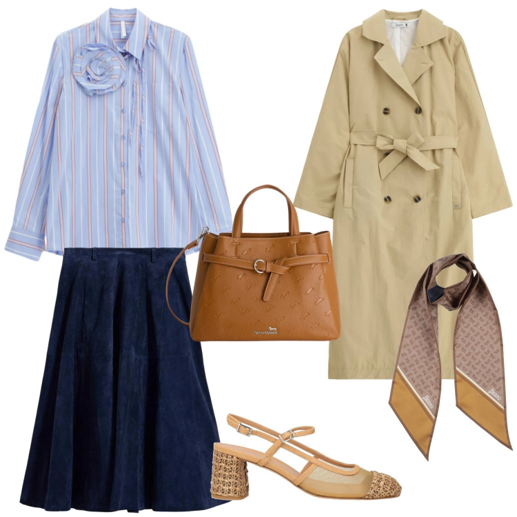 Outfit donna - The secretary. Stile Chic per Ufficio. Abbinamento con sciarpe, décolleté, gonne, borse a mano, camicie, trench.