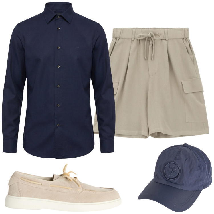Outfit uomo - Navy Explorer. Stile Casual per Tutti i giorni. Abbinamento con scarpe stringate, cappelli, camicie, bermuda.