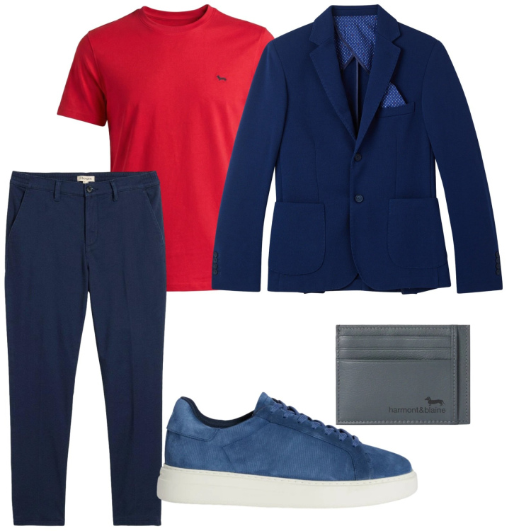 Outfit uomo - Giacca e t-shirt. per Serata speciale. Abbinamento con pantaloni chino, sneakers, portafogli, t-shirt, giacche.