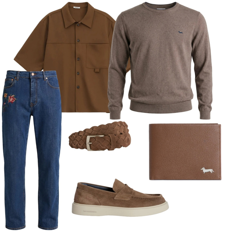 Outfit uomo - Colori della natura. per Ufficio. Abbinamento con pullovers, scarpe stringate, cinture, jeans, portafogli, camicie a manica corta.