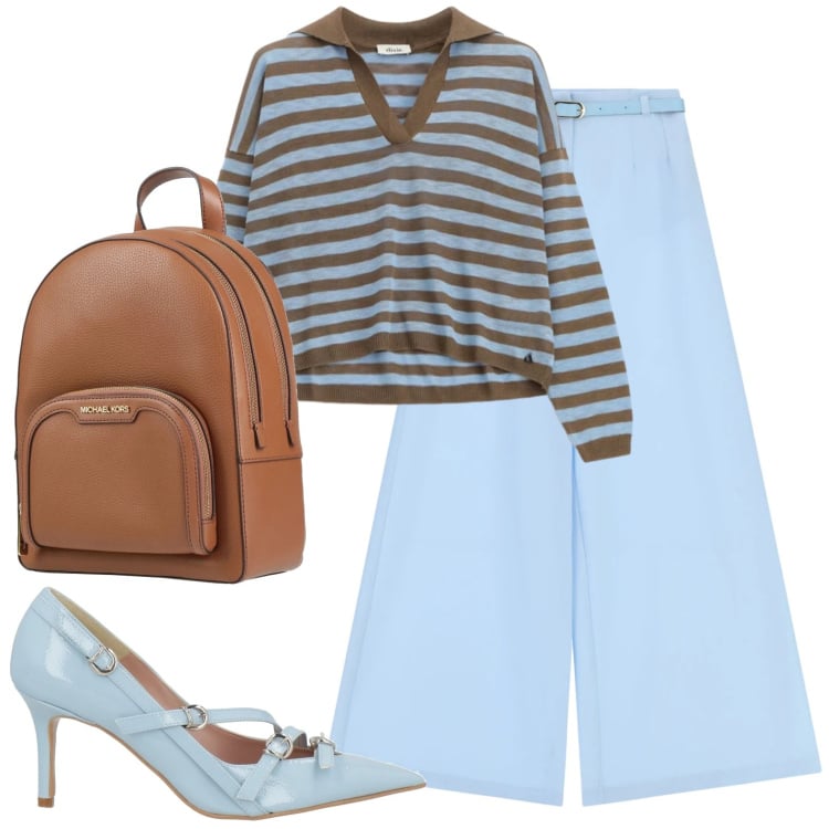 Outfit donna - Maglia a righe. Stile Urban per Ufficio. Abbinamento con décolleté, zaini, pantaloni a palazzo, maglieria.