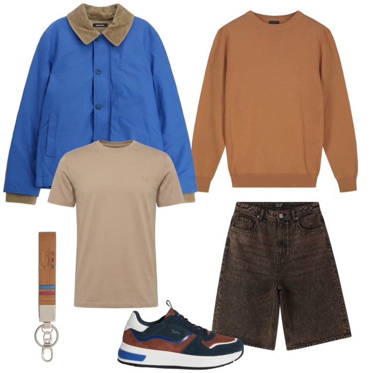 Outfit uomo - Gita al faro. Stile Casual Abbinamento con portachiavi, sneakers, t-shirt, bermuda, cappotti, maglieria.