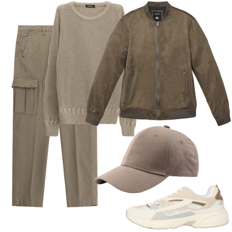 Outfit uomo - Urban Sand Layers. Stile Urban per Tutti i giorni. Abbinamento con giacche, sneakers, maglieria, pantaloni cargo, cappelli con visiera.